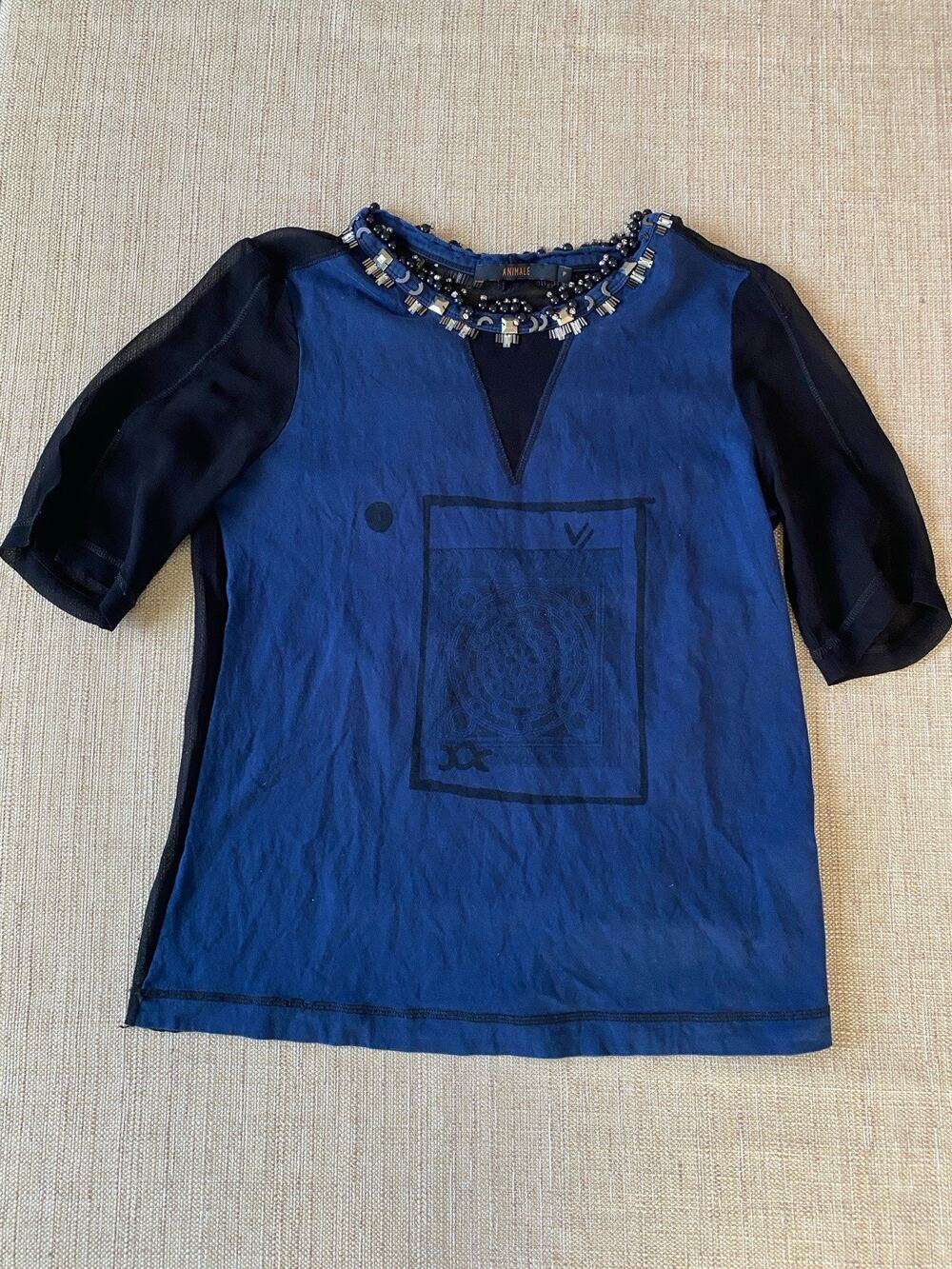 Animale Blue Graphic Beaded V Neck Top Mesh Sleeve Size P